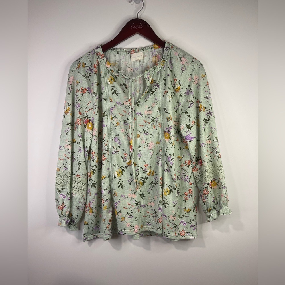 Melloday Sage Green Floral Boho Blouse Medium